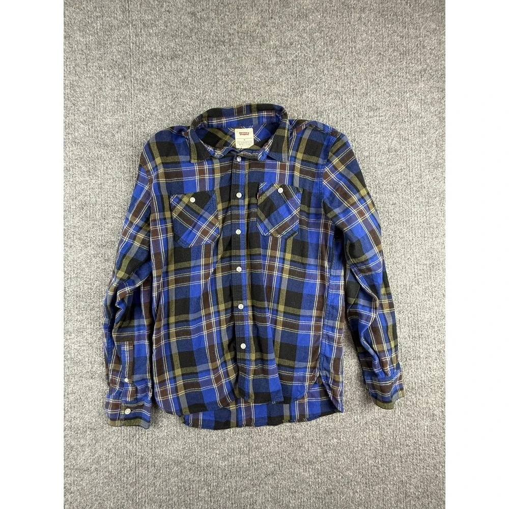 Levi's Shirt Mens Medium Blue Plaid Flannel Long Sleeve Button Up Pockets Casual